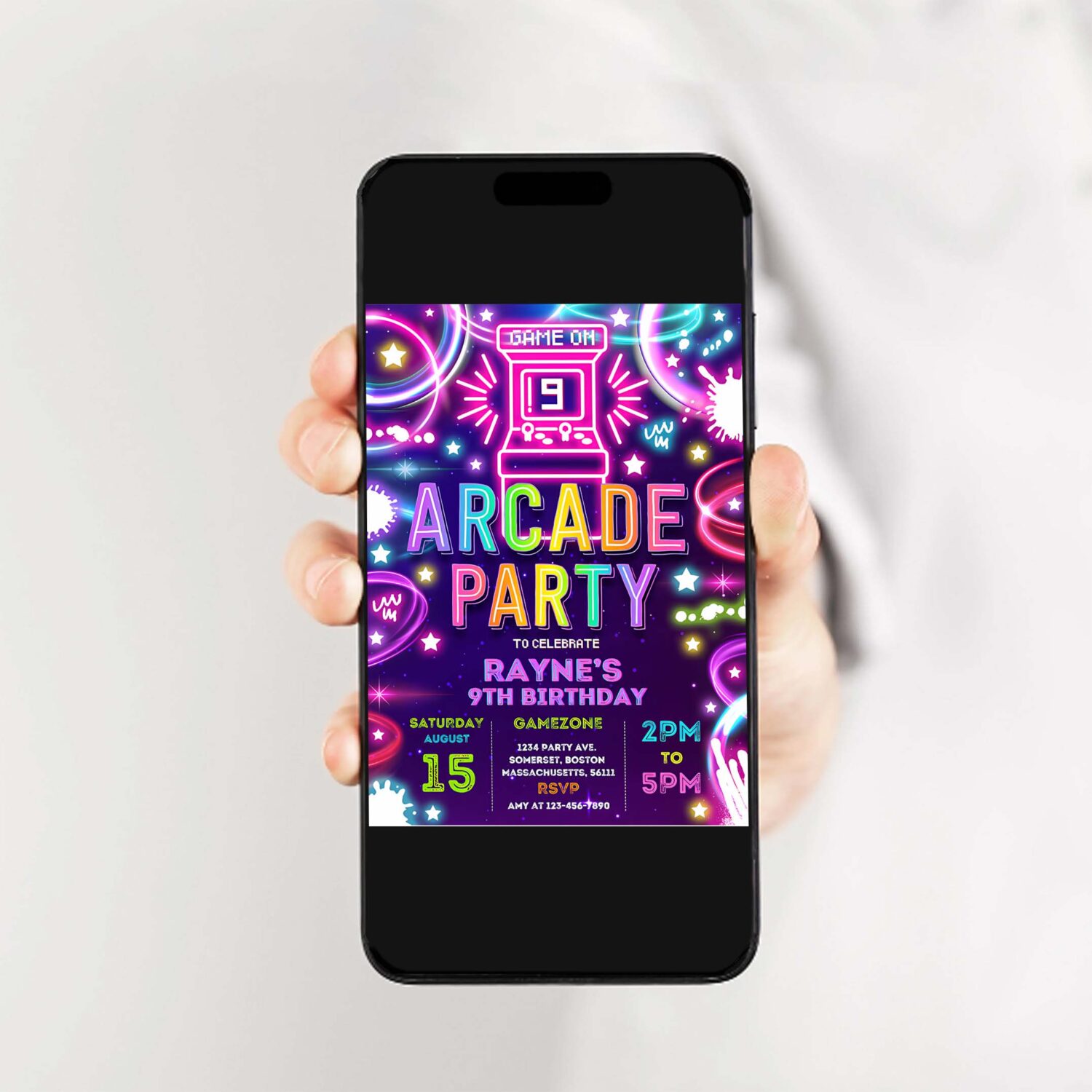 Editable arcade party birthday invitation neon glow retro video gaming arcade birthday party neon glow gaming party 2