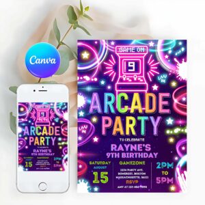 Neon Invitation, Arcade Party, Birthday Invitation
