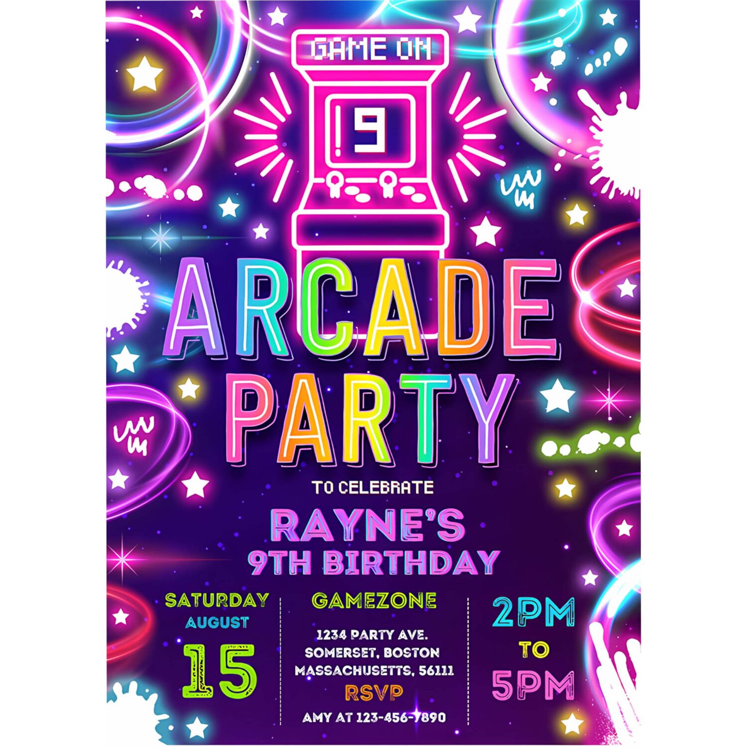 Editable arcade party birthday invitation neon glow retro video gaming arcade birthday party neon glow gaming party 4