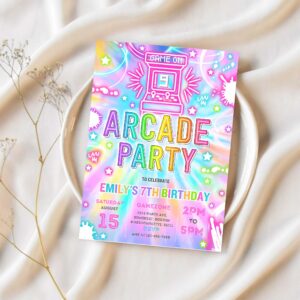 Editable arcade party birthday invitation tie dye neon video gaming arcade birthday party light neon glow gaming party 1
