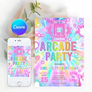 Neon Invitation, Arcade Party, Birthday Invitation