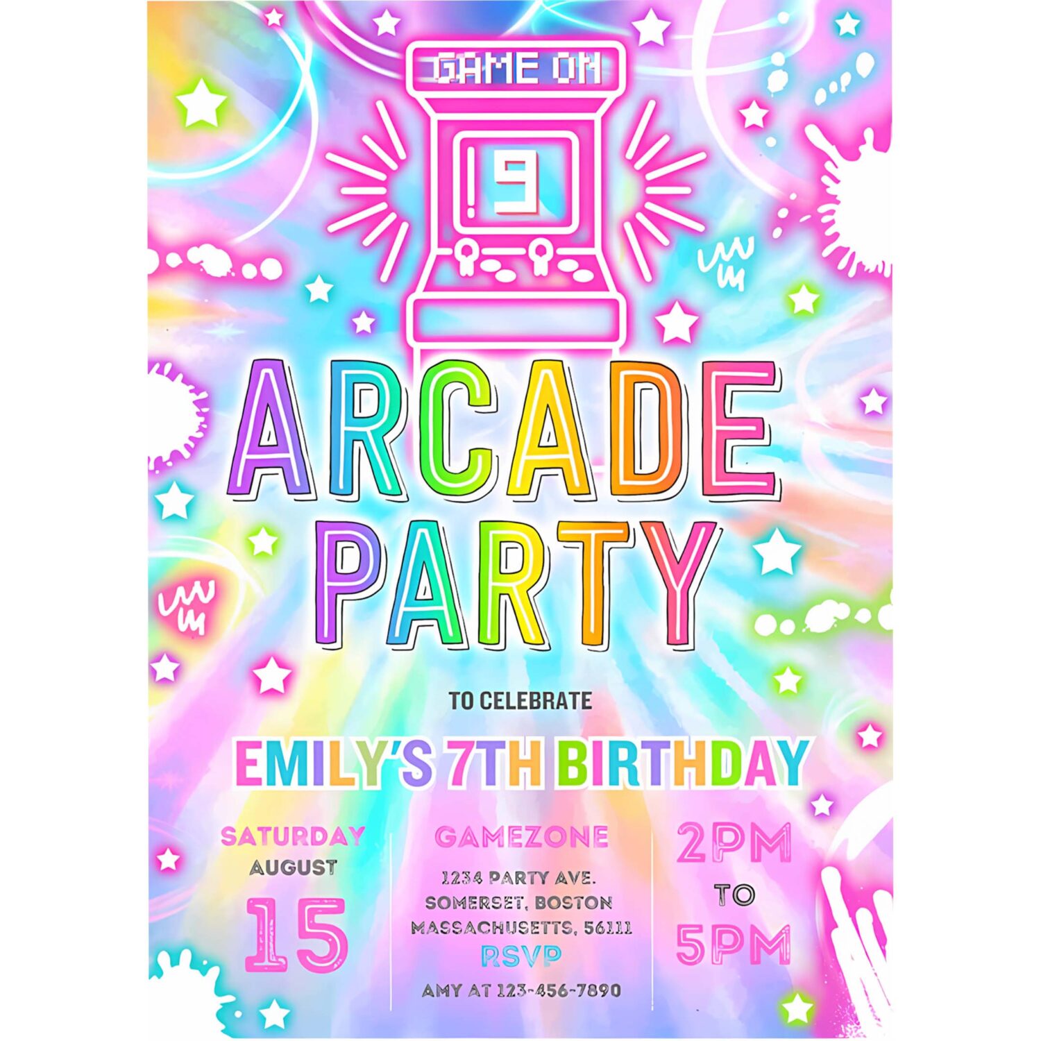 Editable arcade party birthday invitation tie dye neon video gaming arcade birthday party light neon glow gaming party 4