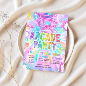 Editable arcade party birthday invitation tie dye neon video gaming arcade birthday party neon glow gaming party instant download fr5 1