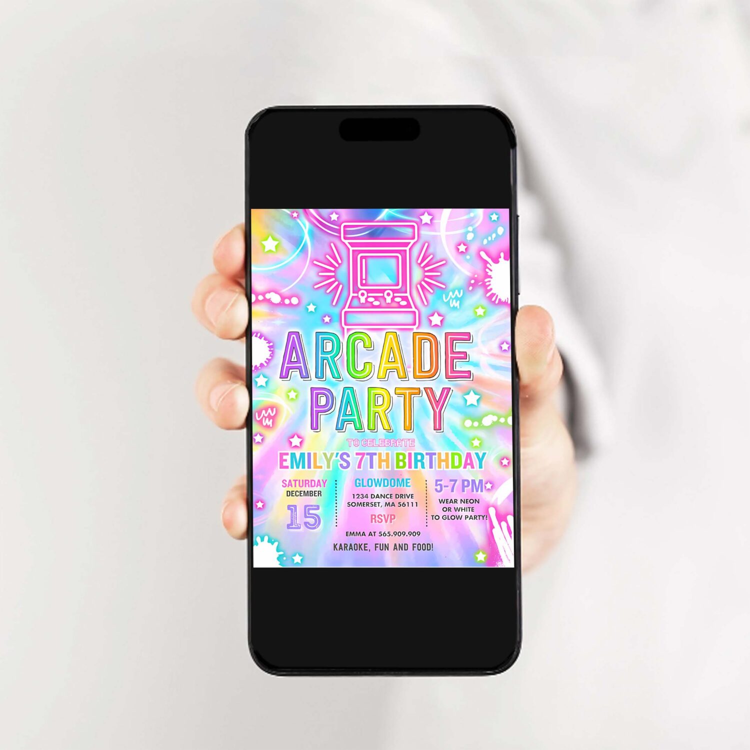 Editable arcade party birthday invitation tie dye neon video gaming arcade birthday party neon glow gaming party instant download fr5 2