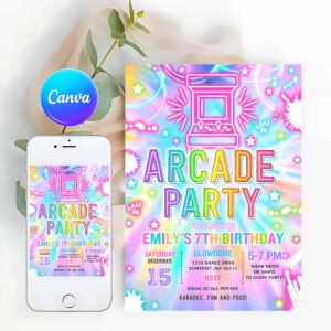 Tie Dye Invitation, Arcade Party Birthday Invitation Tie Dye Neon Video Gaming Arcade Birthday Party Neon Glow Gaming Party
