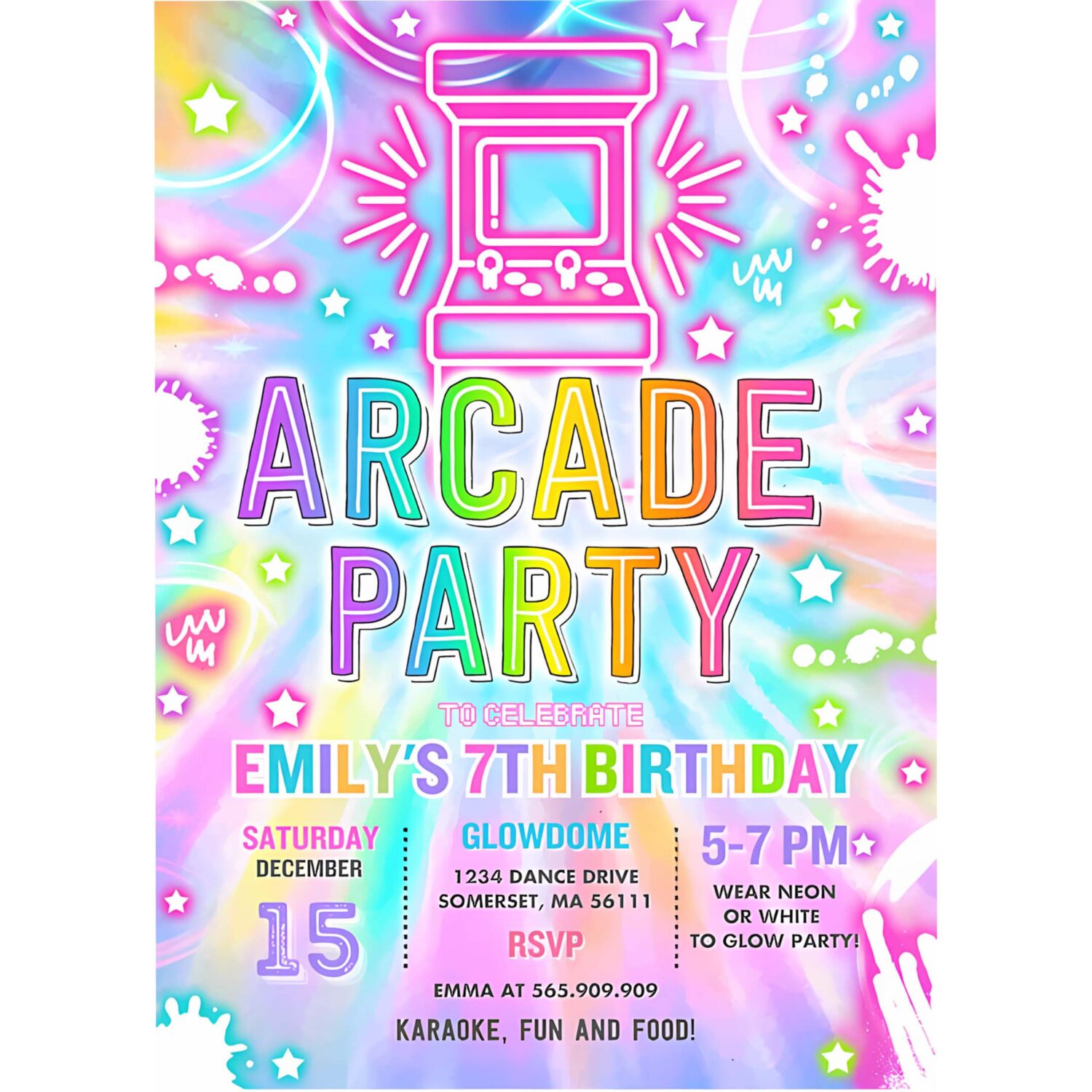 Editable arcade party birthday invitation tie dye neon video gaming arcade birthday party neon glow gaming party instant download fr5 4