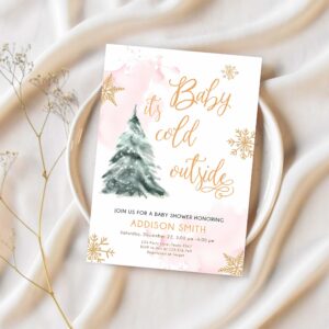 Editable baby its cold outside baby shower invitation winter baby shower girl blush pink gold watercolor tree template download corjl 0363 1