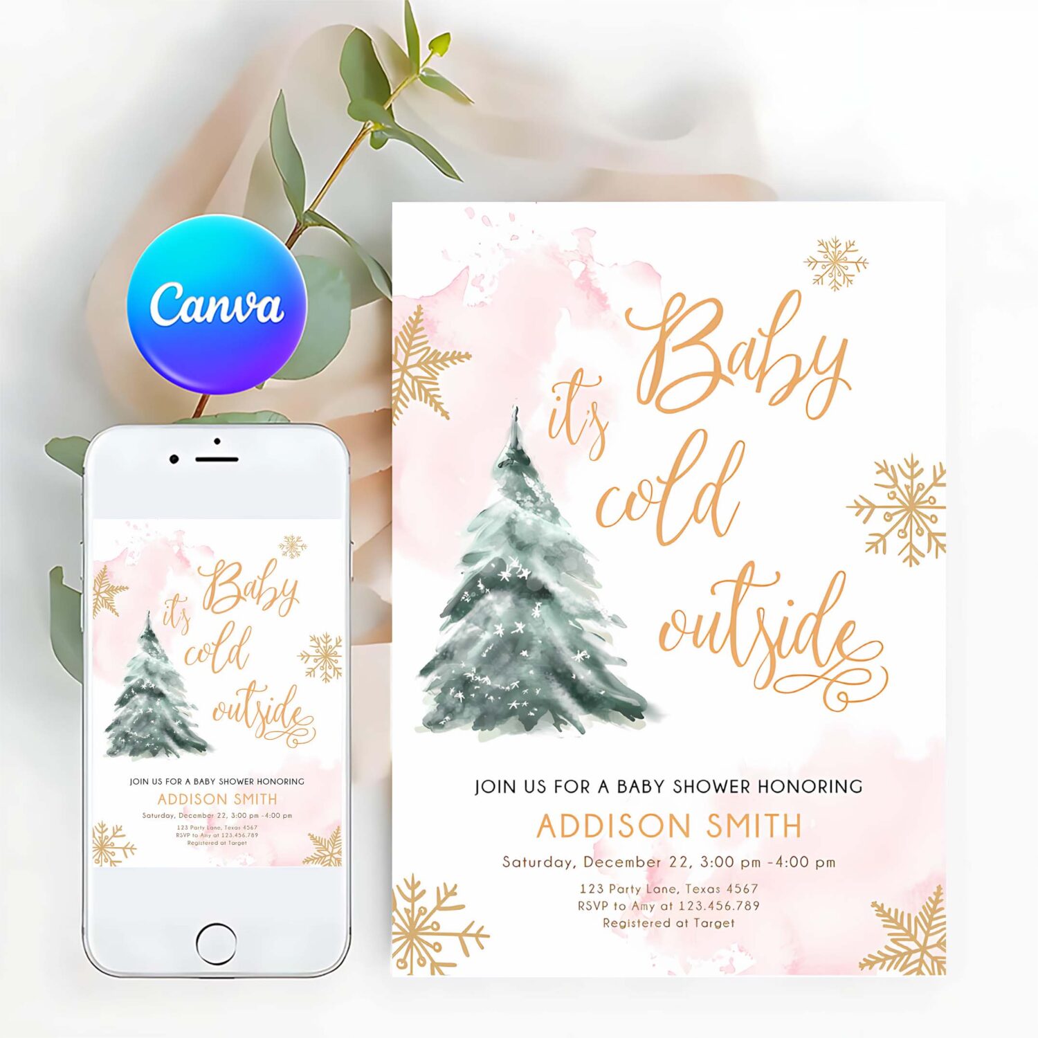 Editable baby its cold outside baby shower invitation winter baby shower girl blush pink gold watercolor tree template download corjl 0363