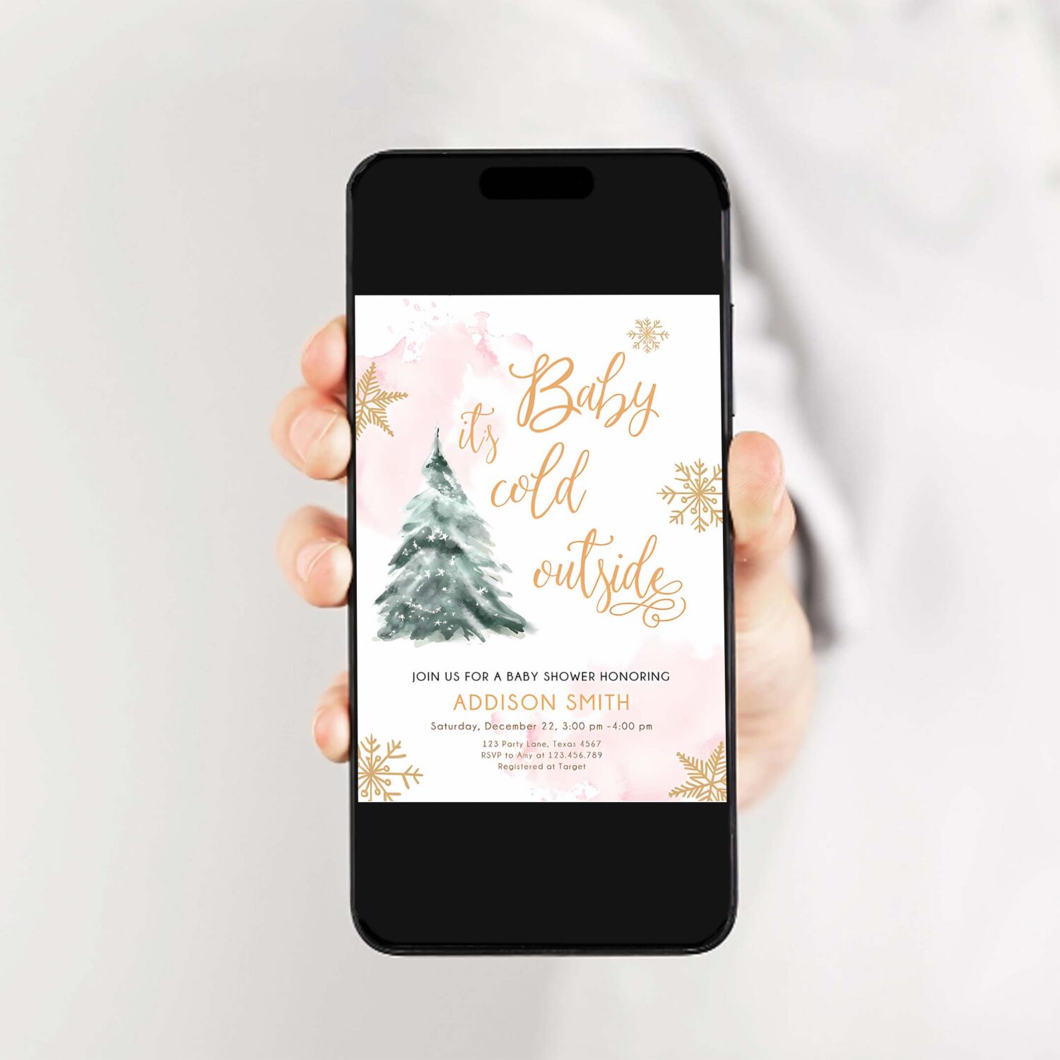 Editable baby its cold outside baby shower invitation winter baby shower girl blush pink gold watercolor tree template download corjl 0363 2