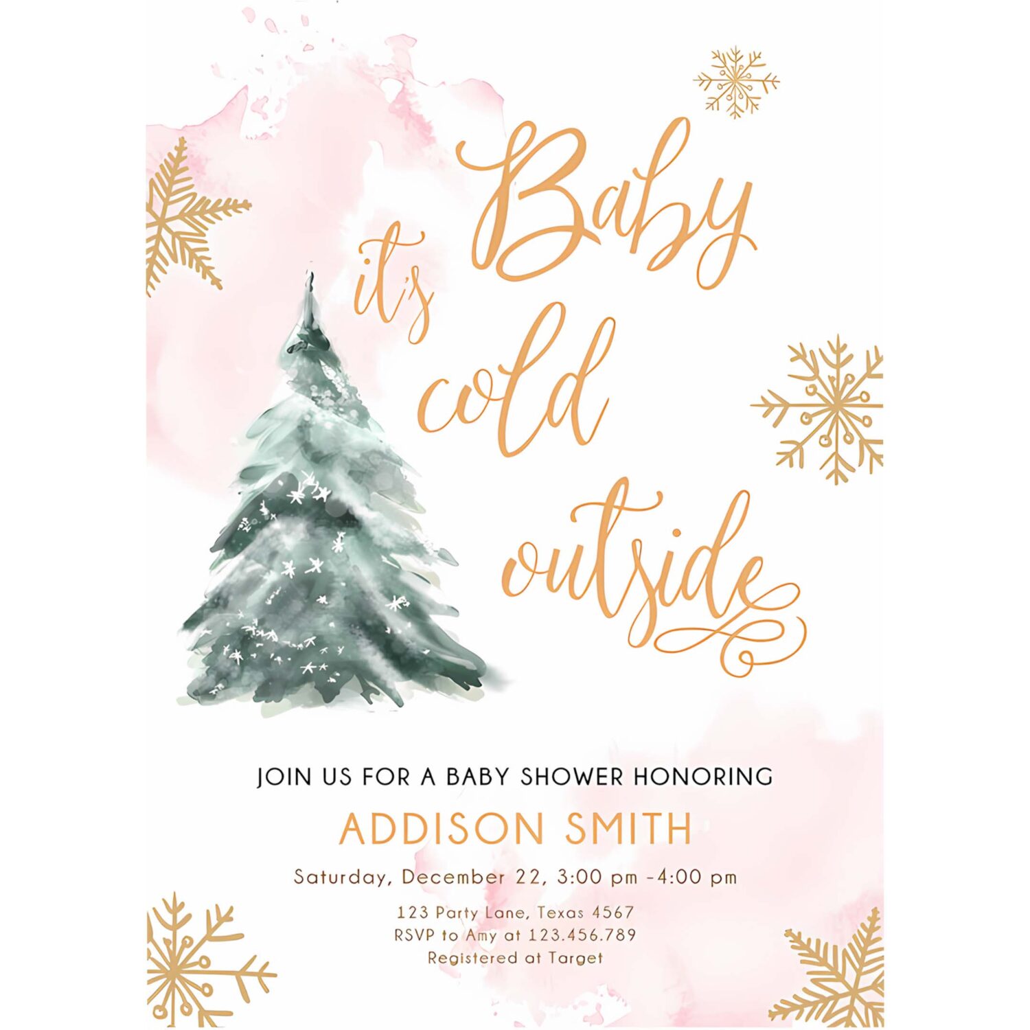 Editable baby its cold outside baby shower invitation winter baby shower girl blush pink gold watercolor tree template download corjl 0363 4