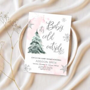 Editable baby its cold outside baby shower invitation winter baby shower girl blush pink snow watercolor tree template download corjl 0363 1