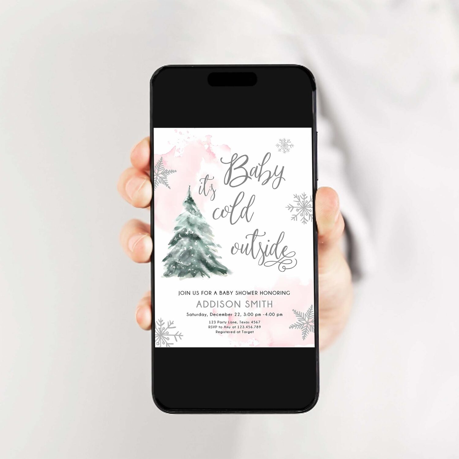 Editable baby its cold outside baby shower invitation winter baby shower girl blush pink snow watercolor tree template download corjl 0363 2
