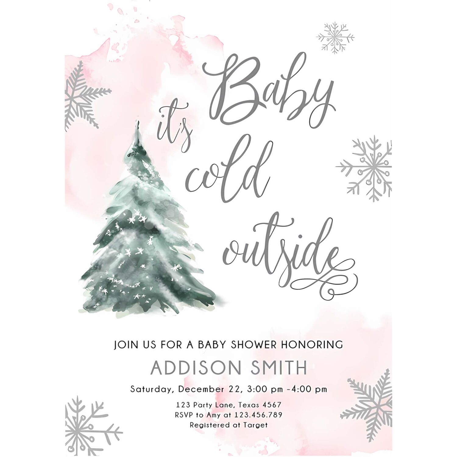 Editable baby its cold outside baby shower invitation winter baby shower girl blush pink snow watercolor tree template download corjl 0363 4