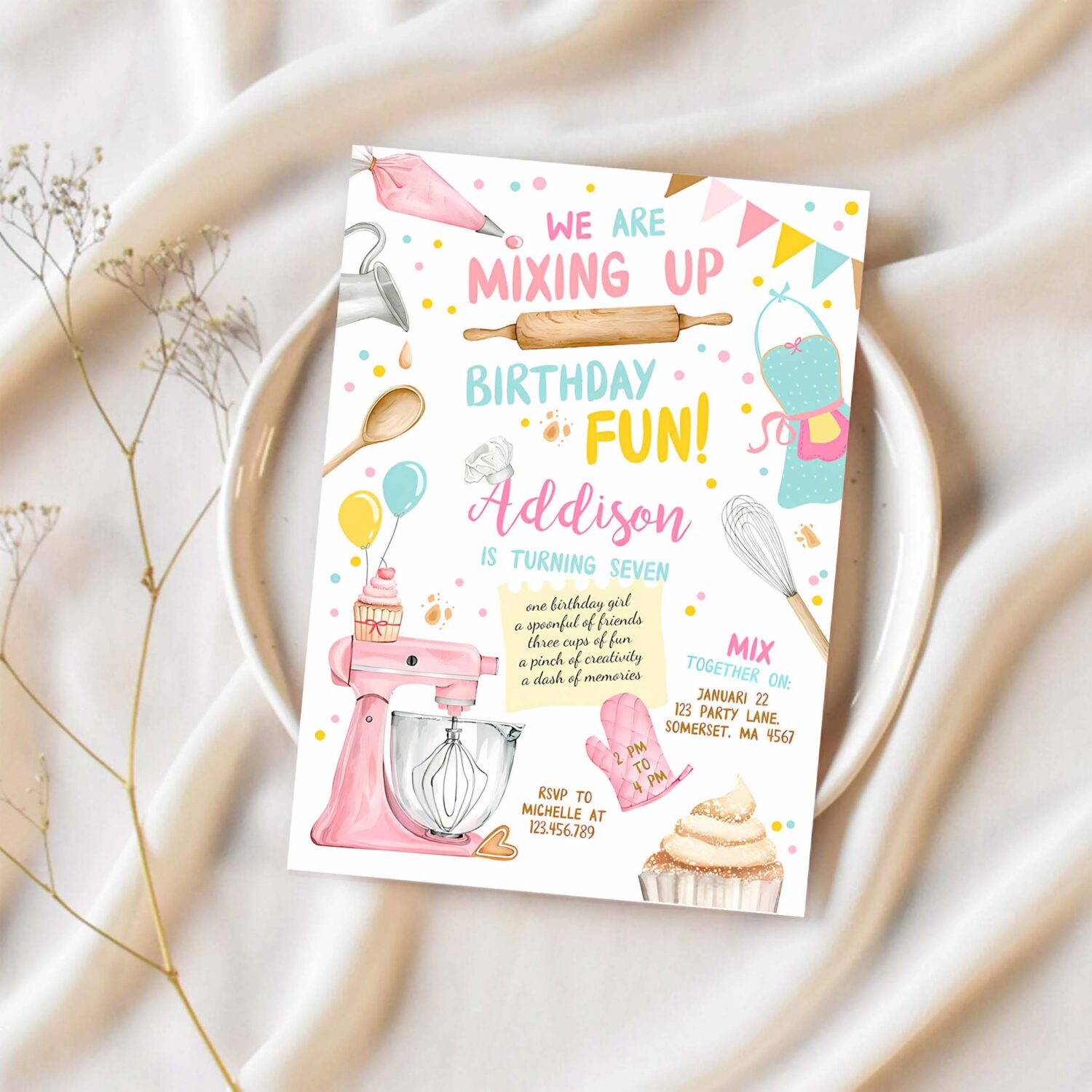 Editable baking birthday party invitation kids cooking birthday girl chef party kitchen cupcakes pink download printable corjl template 0364 1