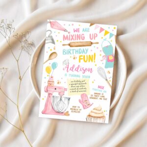 Editable baking birthday party invitation kids cooking birthday girl chef party kitchen cupcakes pink download printable corjl template 0364 1
