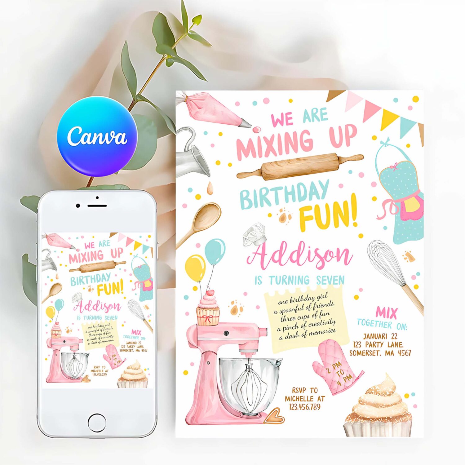 Editable baking birthday party invitation kids cooking birthday girl chef party kitchen cupcakes pink download printable corjl template 0364