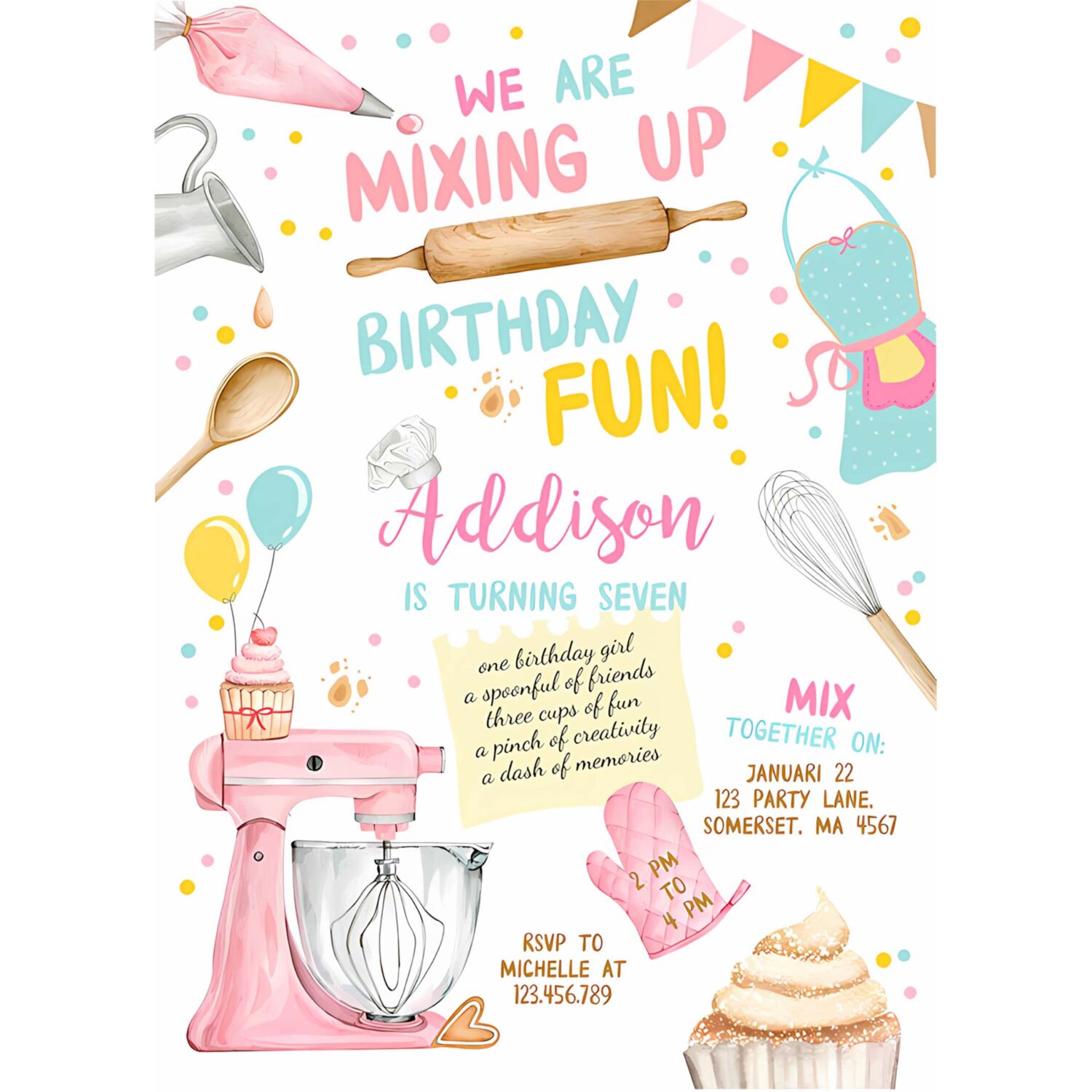 Editable baking birthday party invitation kids cooking birthday girl chef party kitchen cupcakes pink download printable corjl template 0364 4