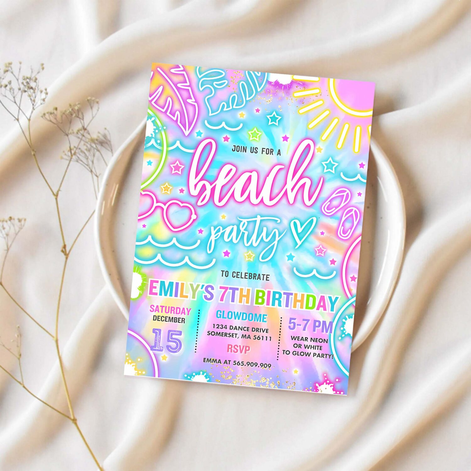 Editable beach birthday party invitation glow neon tie dye summer summer beach boat party birthday party instant download y3 1