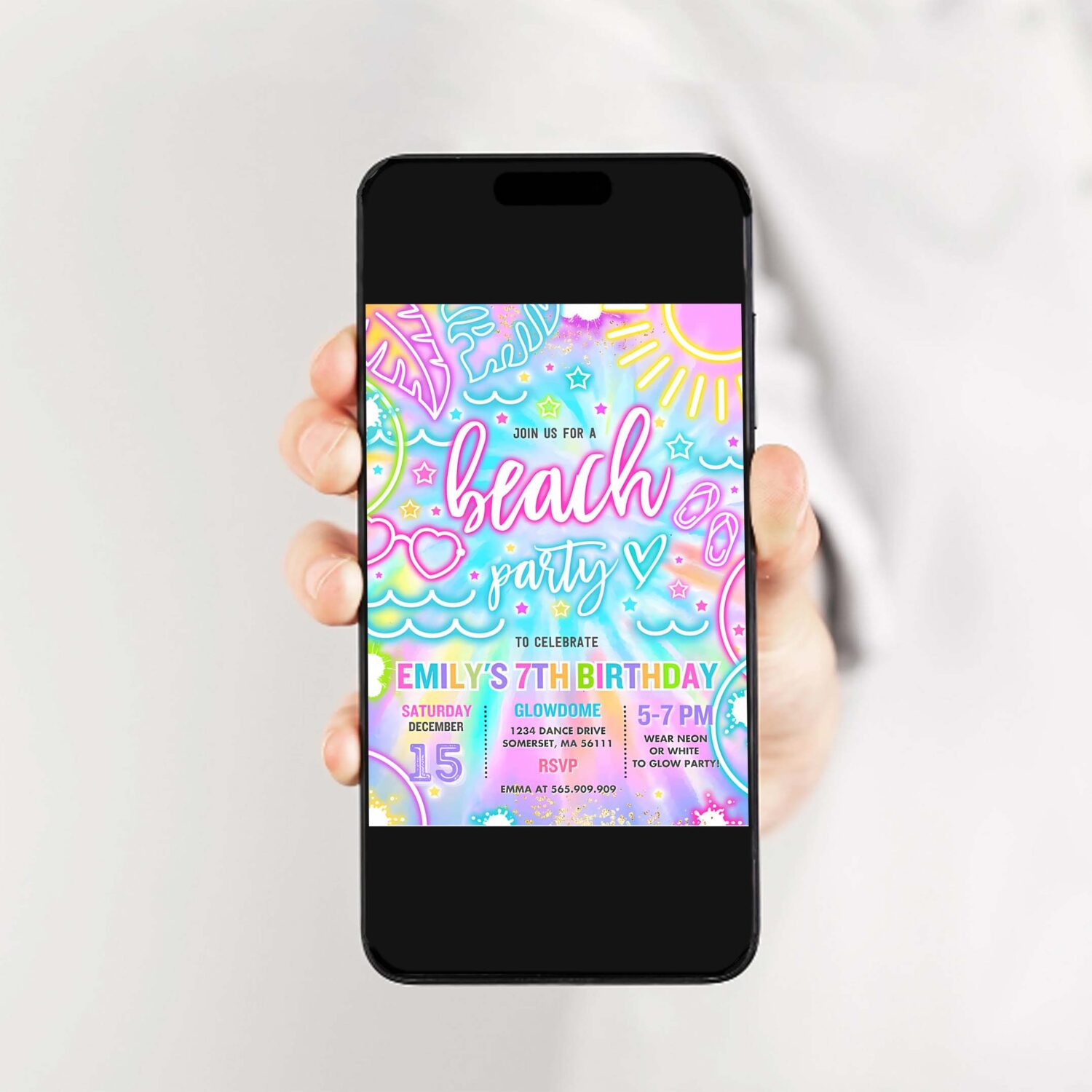 Editable beach birthday party invitation glow neon tie dye summer summer beach boat party birthday party instant download y3 2