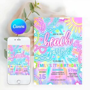 Tie Dye Invitation, Beach Birthday Party Invitation Glow Neon Tie Dye Summer Summer Beach Boat Party Birthday Party