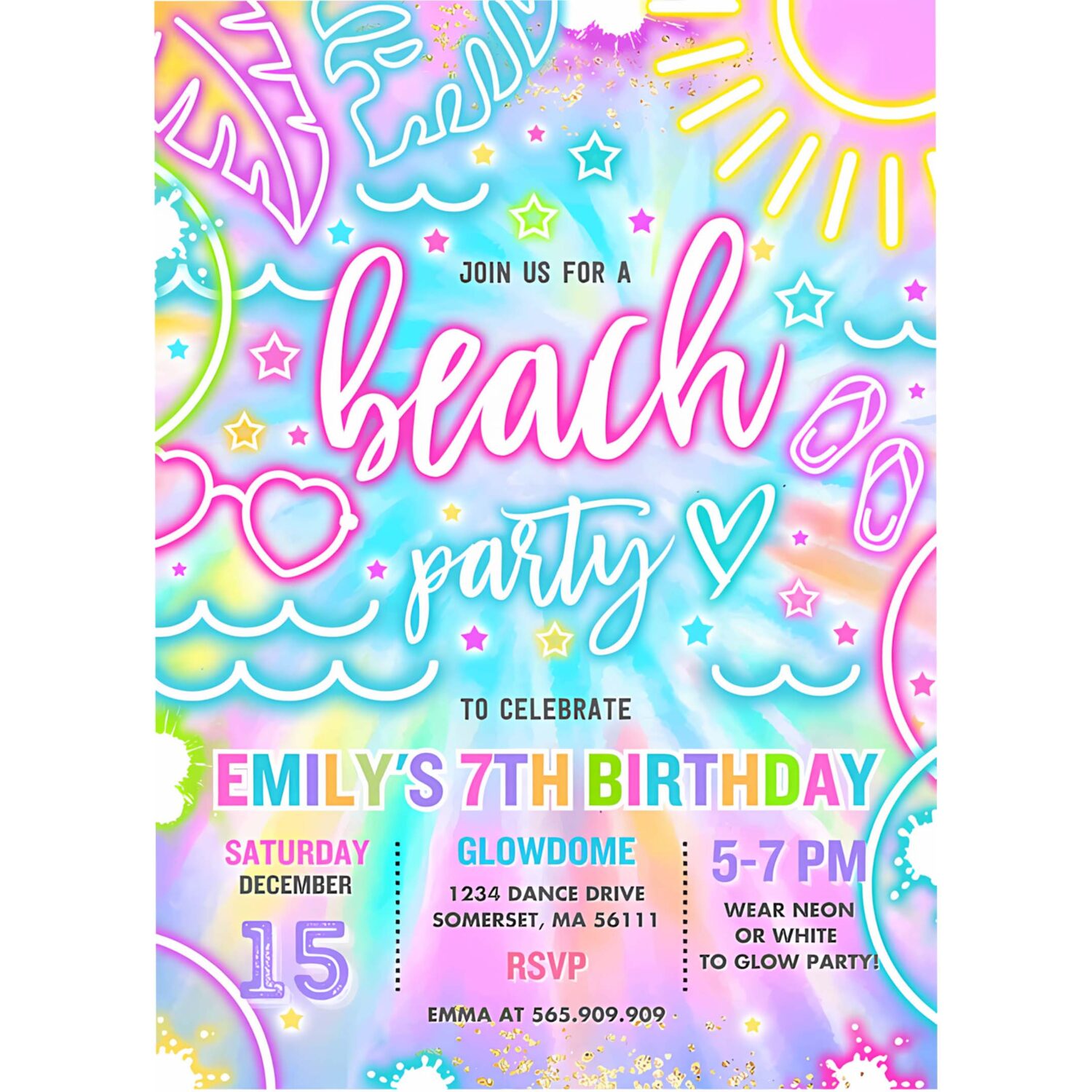 Editable beach birthday party invitation glow neon tie dye summer summer beach boat party birthday party instant download y3 4
