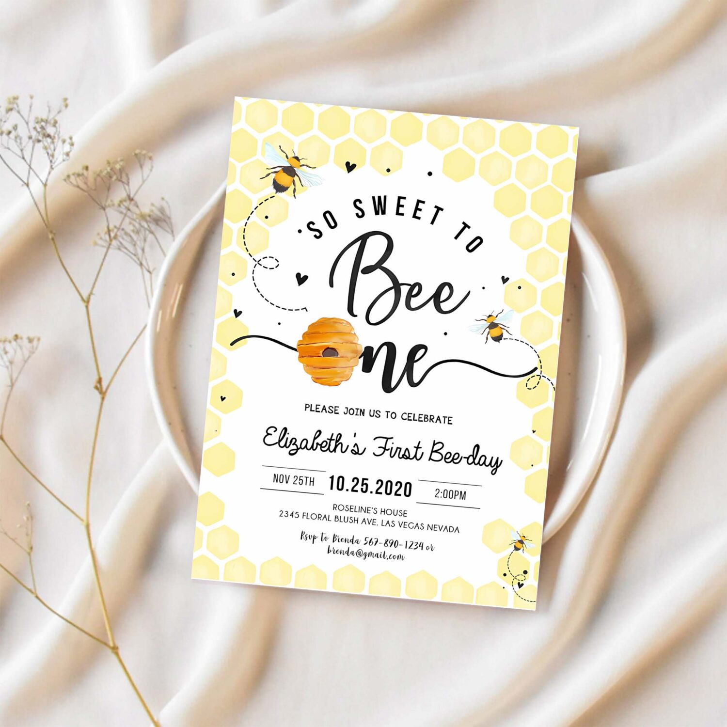 Editable bee birthday invitation honey bee birthday party bee 1st birthday so sweet to bee one party bee day 1st birthday party 1