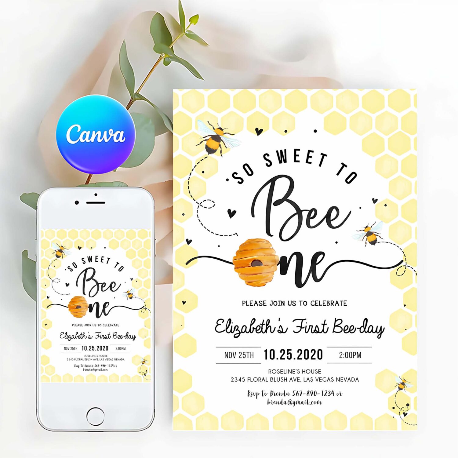 Editable bee birthday invitation honey bee birthday party bee 1st birthday so sweet to bee one party bee day 1st birthday party