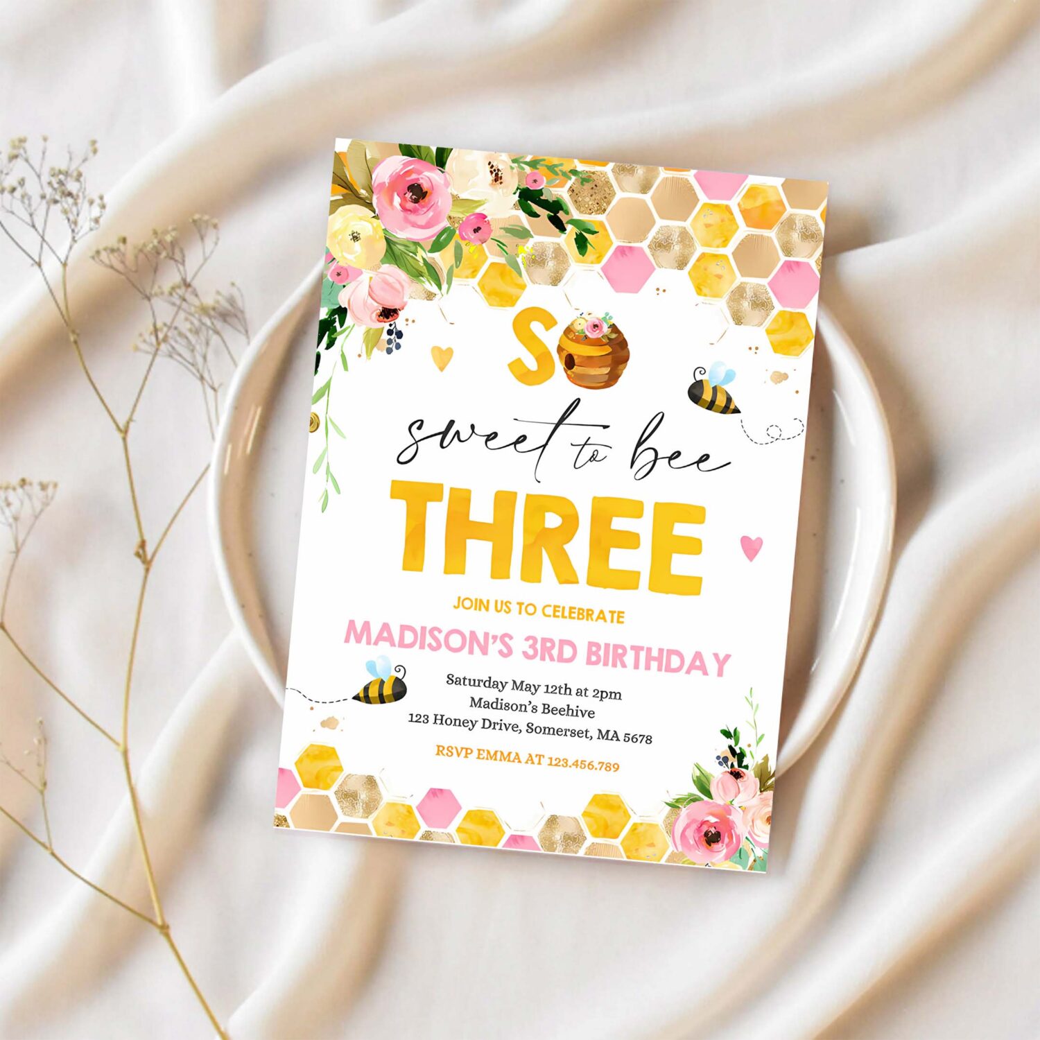 Editable bee birthday invitation honey bee birthday pink yellow floral bumble bee party so sweet to bee three party 1