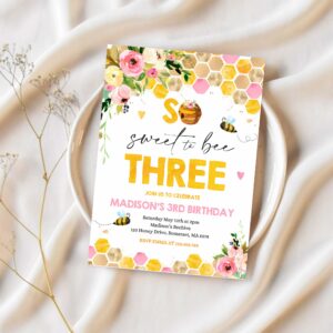 Editable bee birthday invitation honey bee birthday pink yellow floral bumble bee party so sweet to bee three party 1