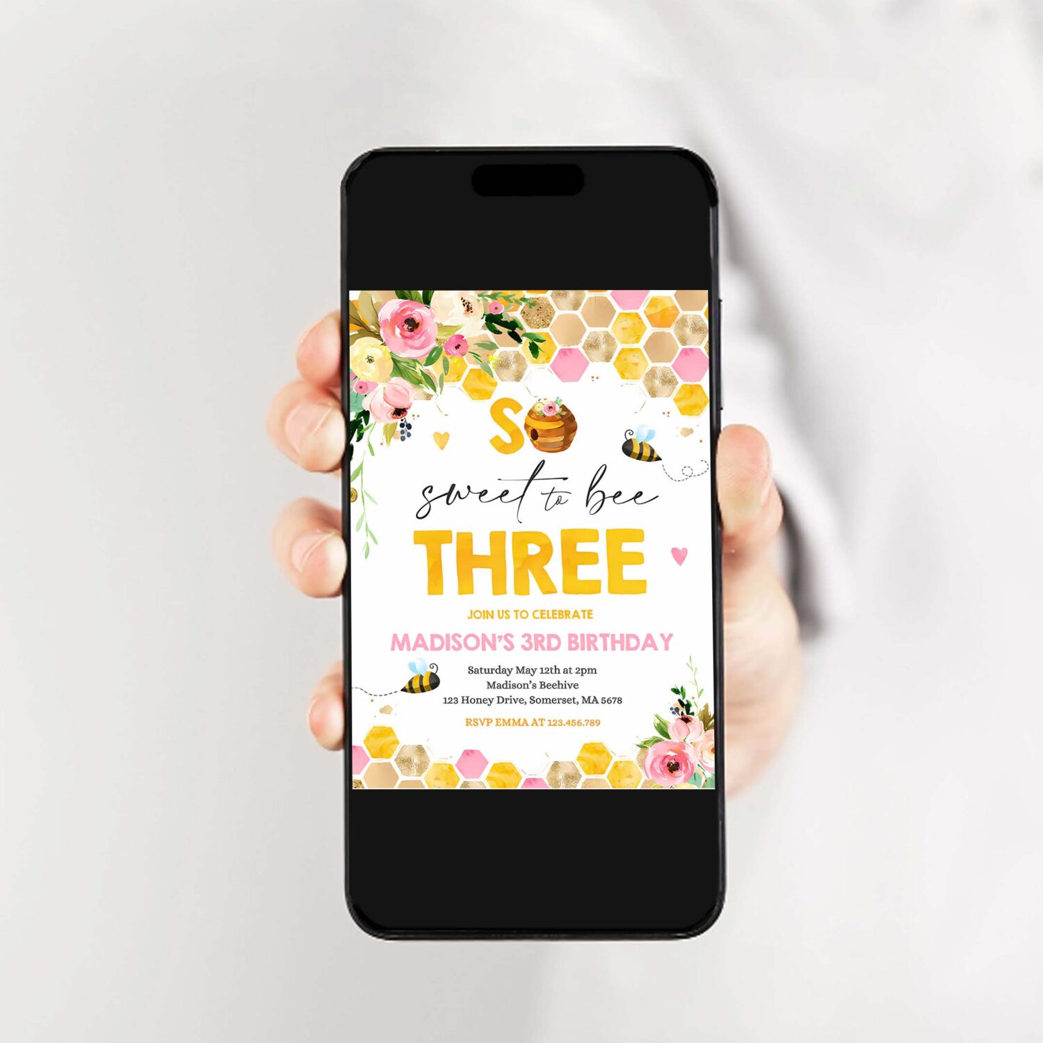 Editable bee birthday invitation honey bee birthday pink yellow floral bumble bee party so sweet to bee three party 2