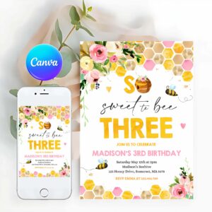 Floral Invitation, Honey Bee Birthday Pink Yellow Floral Bumble Bee Party So Sweet To Bee Three Party Invitation