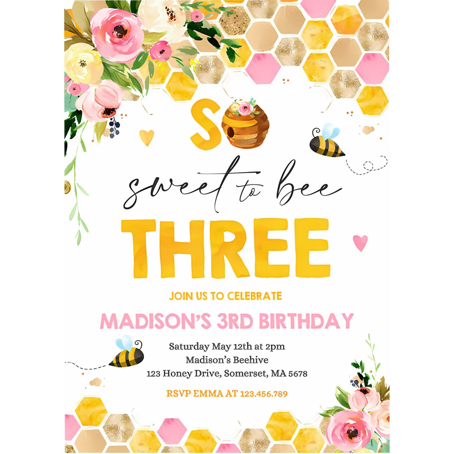 Editable bee birthday invitation honey bee birthday pink yellow floral bumble bee party so sweet to bee three party 4