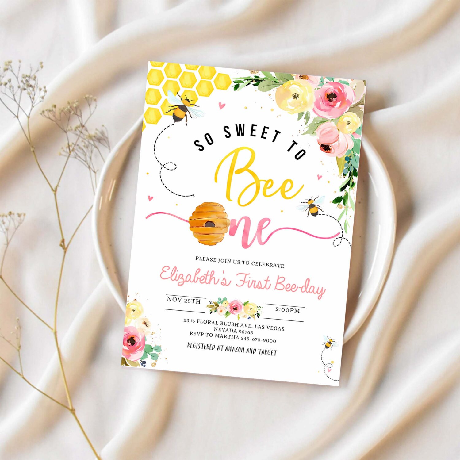 Editable bee birthday invitation honey bee girl birthday party bee 1st birthday so sweet to bee one party bee day 1st birthday party 1