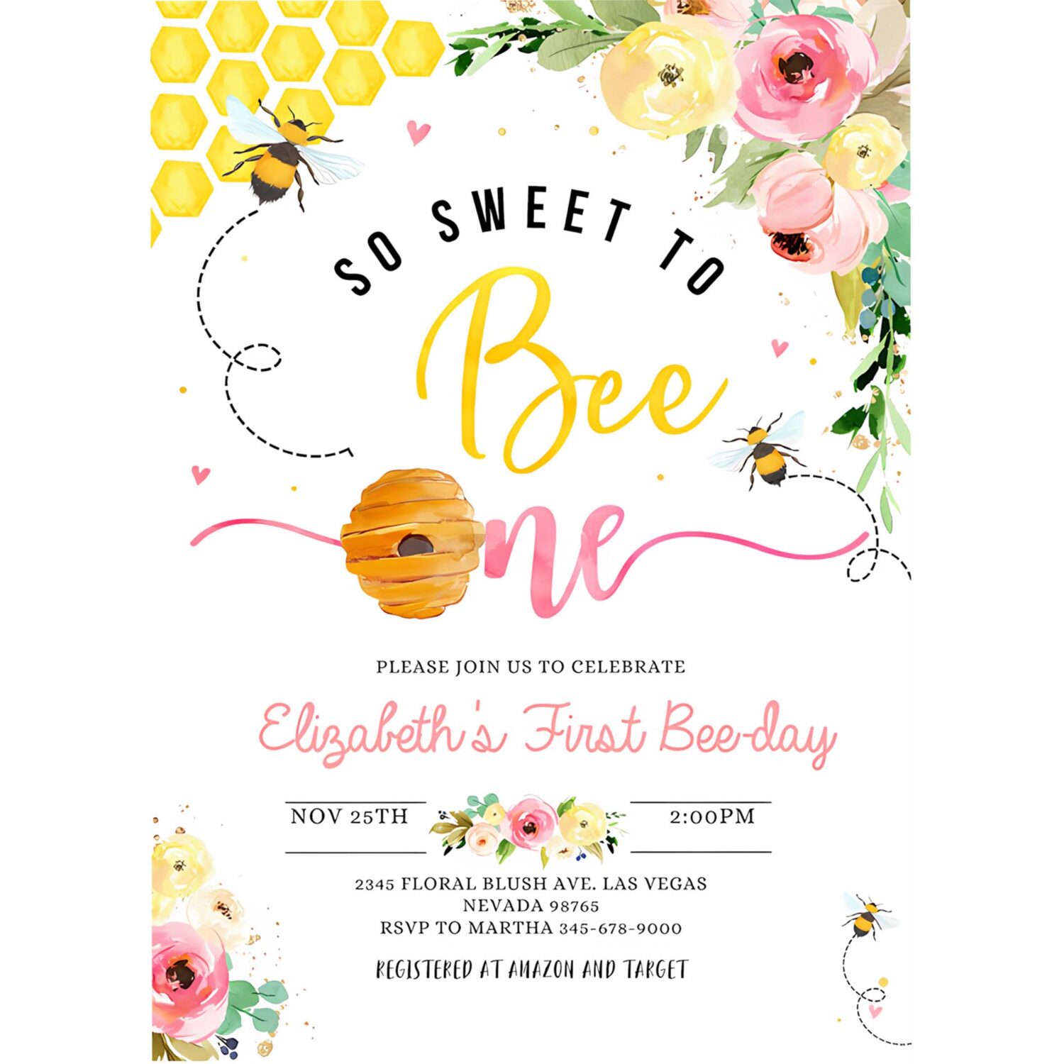 Editable bee birthday invitation honey bee girl birthday party bee 1st birthday so sweet to bee one party bee day 1st birthday party 4