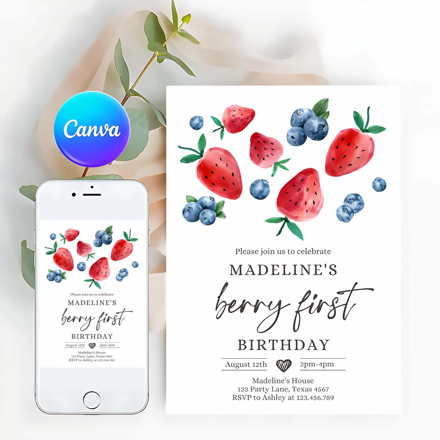 Editable berry sweet birthday invitation blueberry strawberry picking party farmers market twin printable template corjl digital 0399