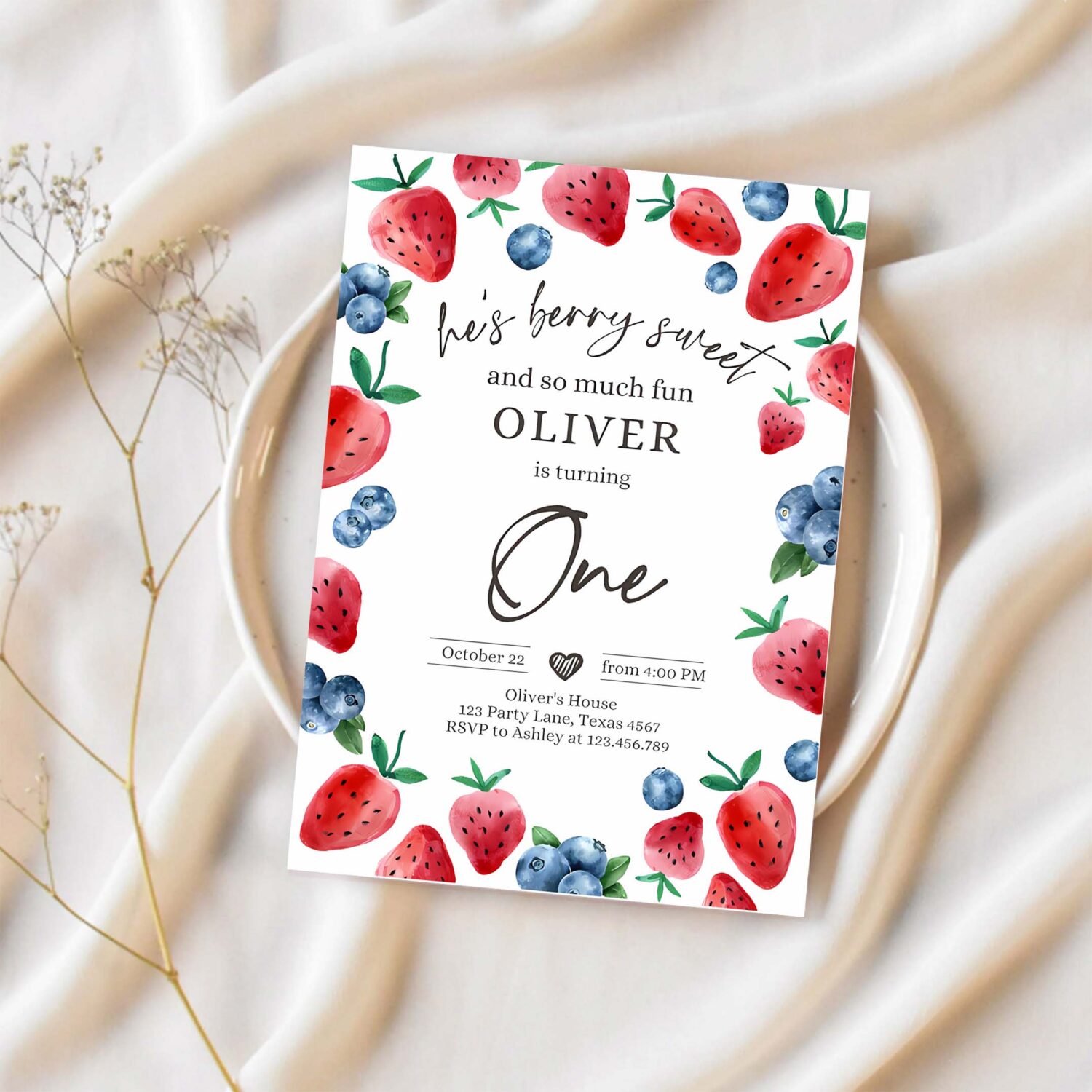 Editable berry sweet birthday party invitation blueberry strawberry picking party farmers market twin printable template corjl digital 0399 1