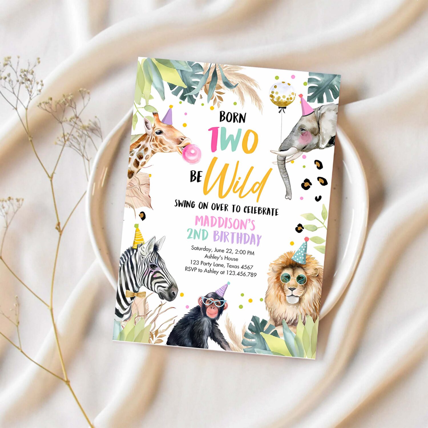 Editable birthday invitation girl born two be wild party animals invite safari zoo birthday download printable template digital corjl 0417 1