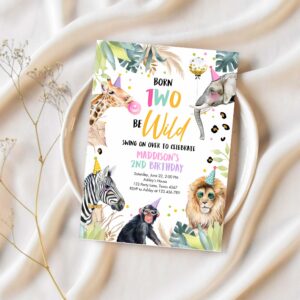 Editable birthday invitation girl born two be wild party animals invite safari zoo birthday download printable template digital corjl 0417 1
