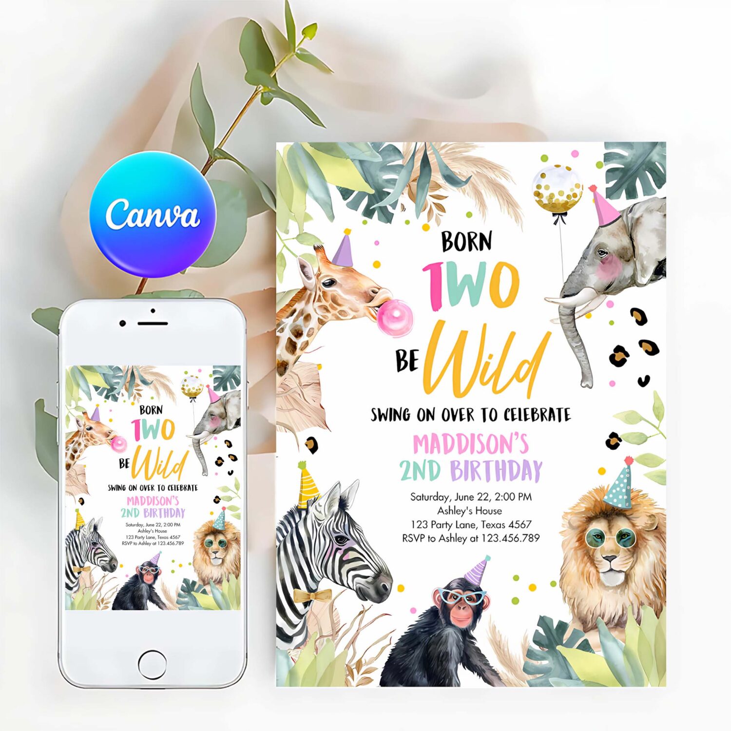 Editable birthday invitation girl born two be wild party animals invite safari zoo birthday download printable template digital corjl 0417
