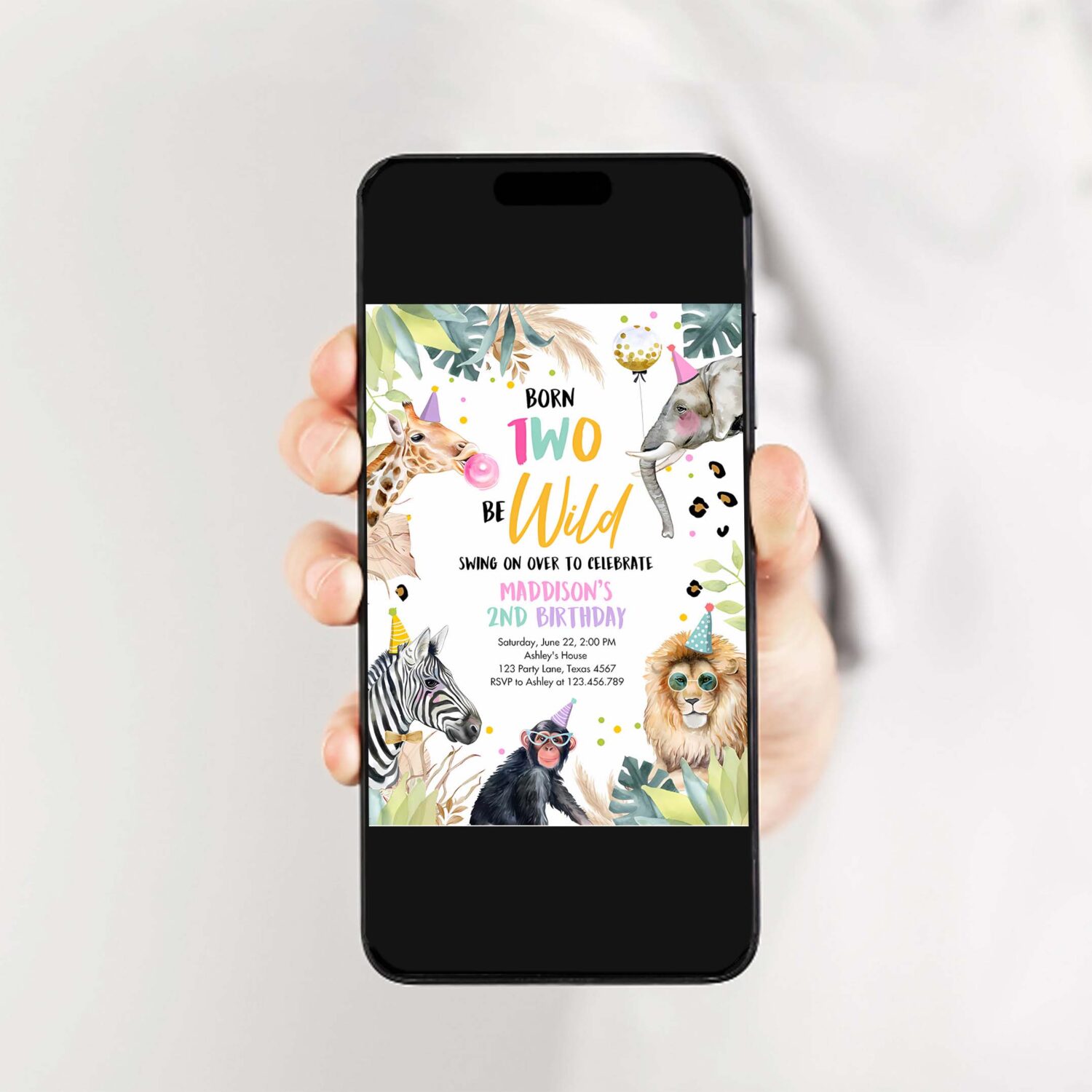 Editable birthday invitation girl born two be wild party animals invite safari zoo birthday download printable template digital corjl 0417 2