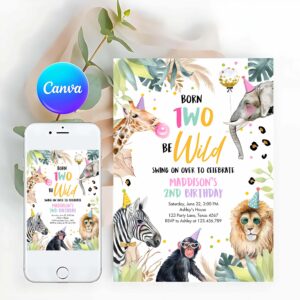 Two Wild Invitation, Girl Born Two Be Wild Party, Animals Invite, Safari Zoo Birthday Invitation