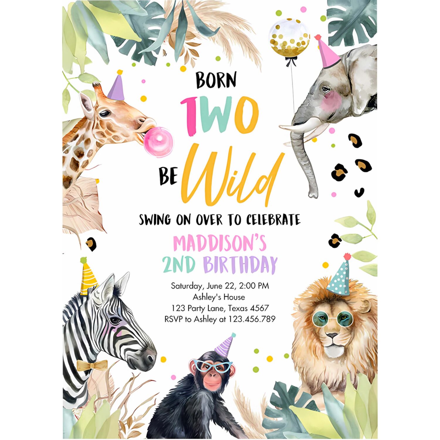 Editable birthday invitation girl born two be wild party animals invite safari zoo birthday download printable template digital corjl 0417 4