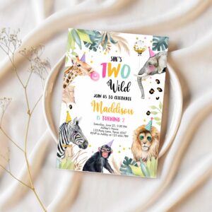 Editable birthday invitation girl two wild animals invite pink and gold safari zoo instant download printable template digital corjl 0417 1