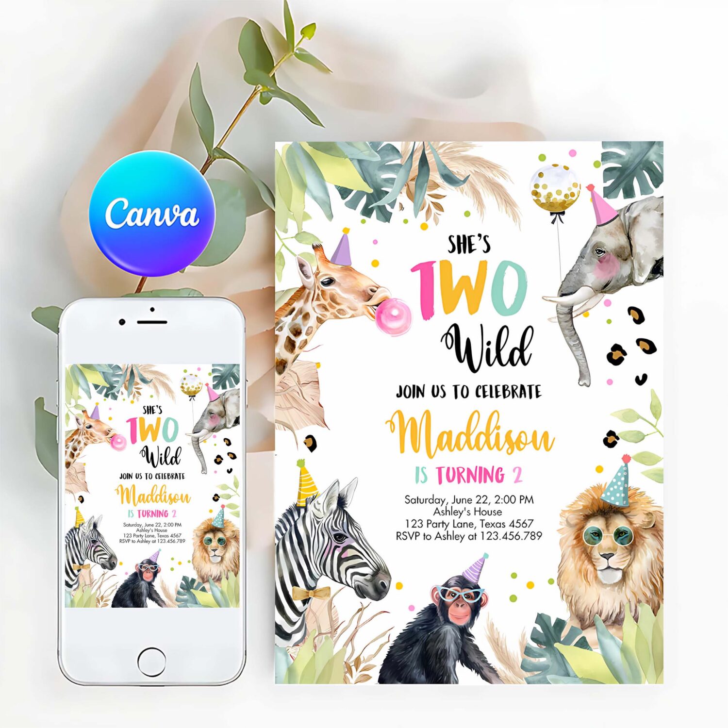 Editable birthday invitation girl two wild animals invite pink and gold safari zoo instant download printable template digital corjl 0417