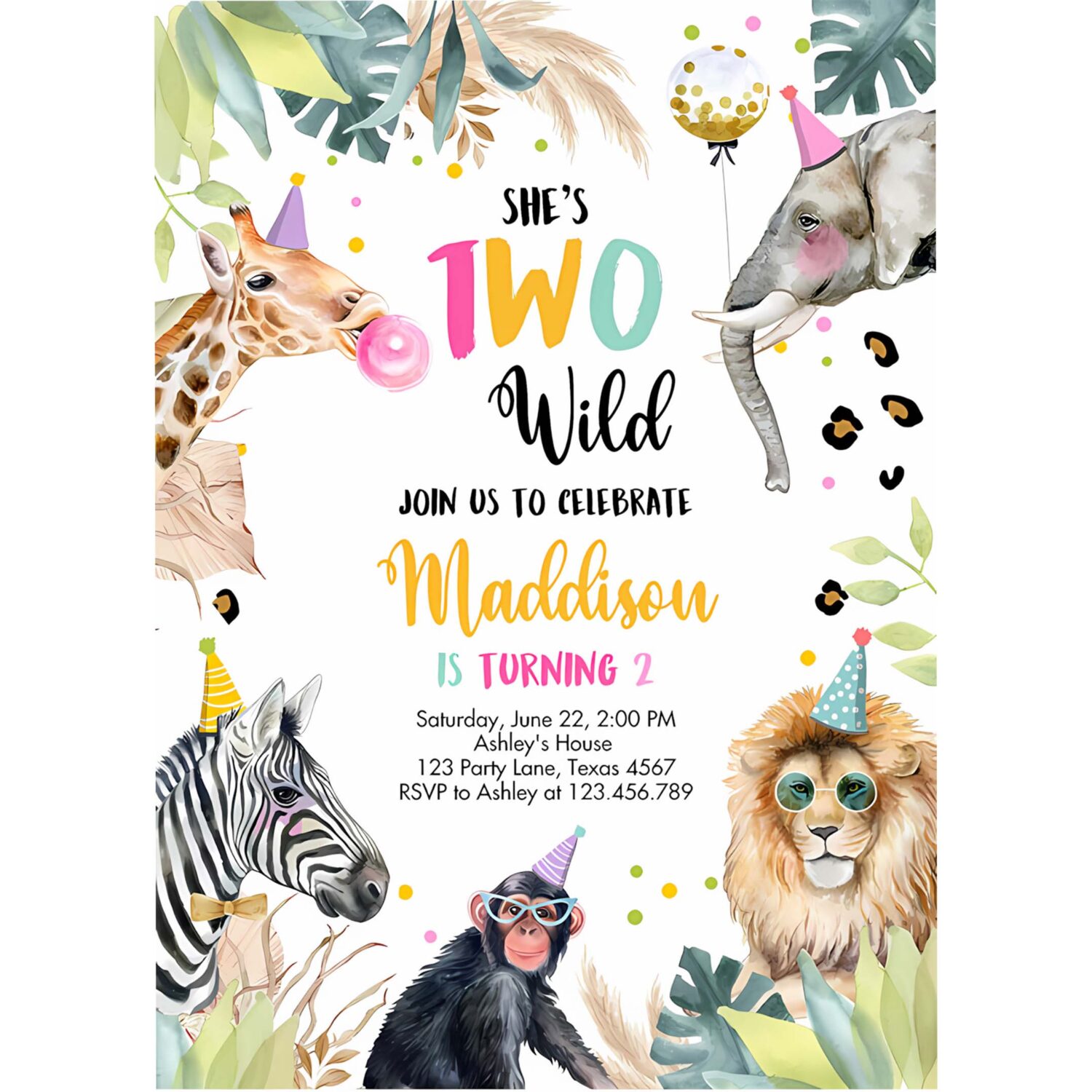 Editable birthday invitation girl two wild animals invite pink and gold safari zoo instant download printable template digital corjl 0417 4