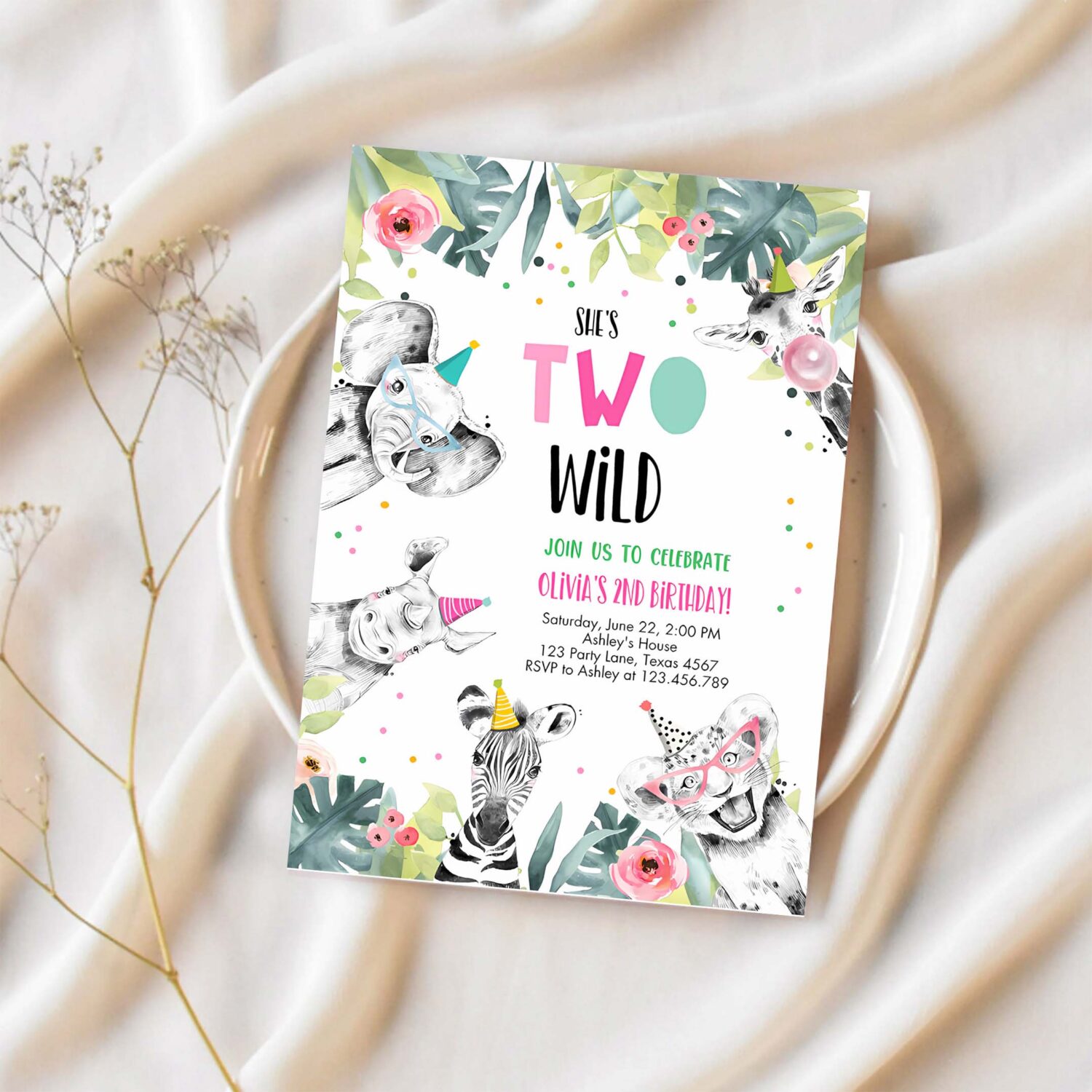 Editable birthday invitation girl two wild animals invite pink and gold safari zoo invitation 1