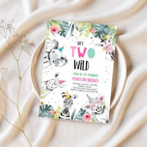 Editable birthday invitation girl two wild animals invite pink and gold safari zoo invitation 1