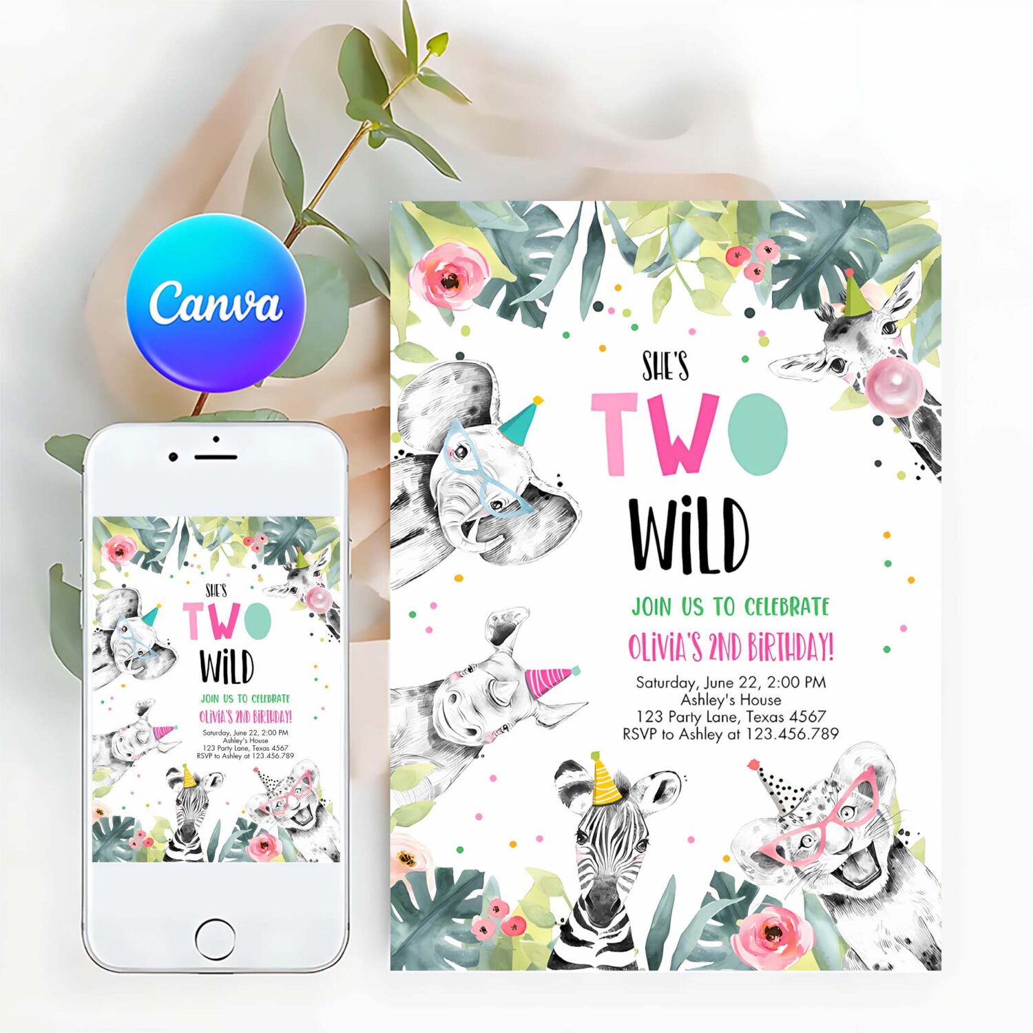 Editable birthday invitation girl two wild animals invite pink and gold safari zoo invitation