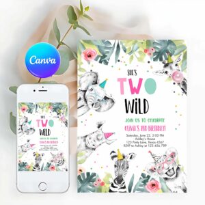Two Wild Animal Girl Birthday Invitation