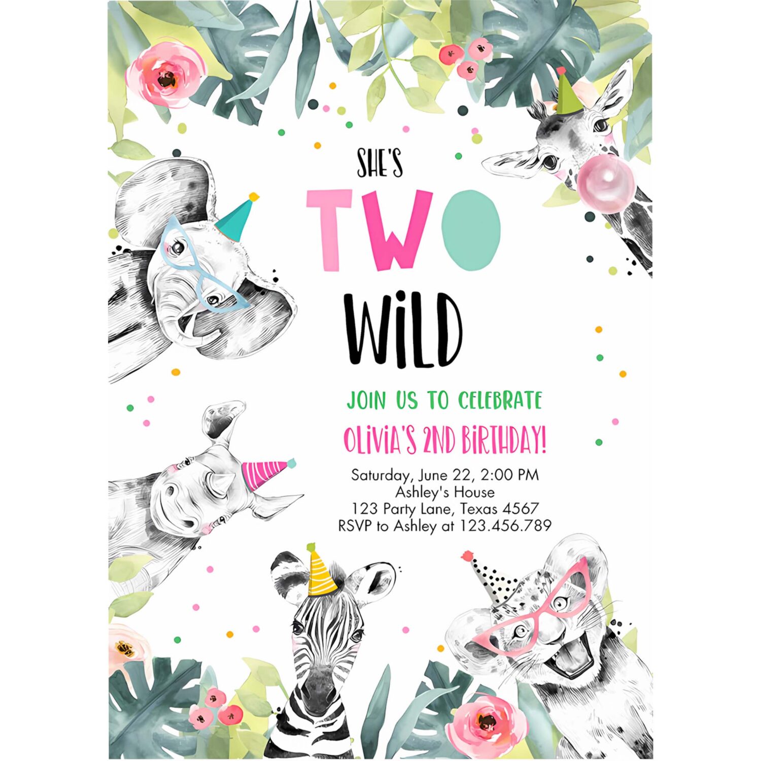 Editable birthday invitation girl two wild animals invite pink and gold safari zoo invitation 4